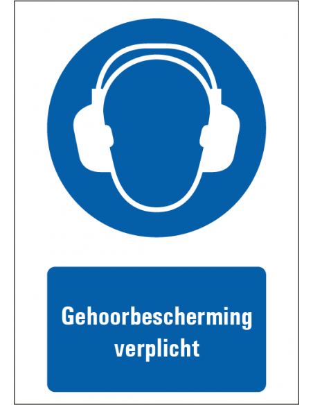 Gehoorbescherming verplicht tekstobord, kunststof, blauw wit, rechthoek, Nederlandse teskt