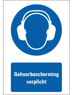 Gehoorbescherming verplicht tekststicker, blauw wit, rechthoek, Nederlandse teskt