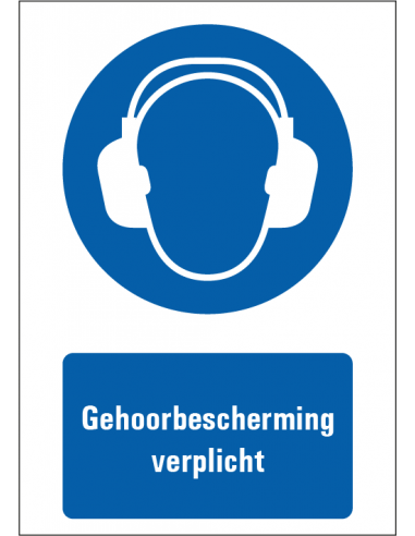 Gehoorbescherming verplicht tekststicker, blauw wit, rechthoek, Nederlandse teskt