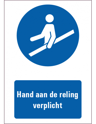 Hand aan de reling verplicht tekststicker, blauw wit, Nederlandse tekst, rechthoek