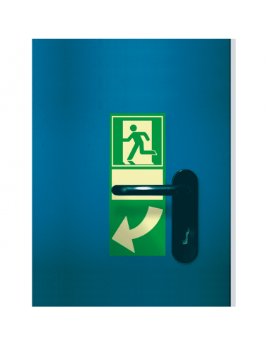 Nooduitgang bord Deuraanwijzing linkswijzend, ISO 7010, langnaschijnend, rechthoek, wit groen