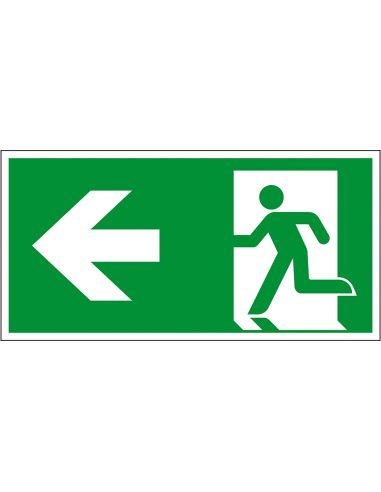 Nooduitgang bord pijl links, kunststof, E001, groen wit, symbool nooduitgang, rechthoekig, ISO 7010