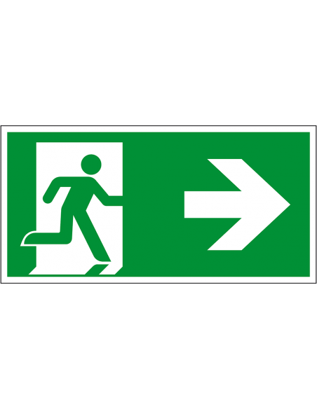 Nooduitgang bord pijl rechts, kunststof, E002, groen wit, symbool nooduitgang, rechthoekig, ISO 7010