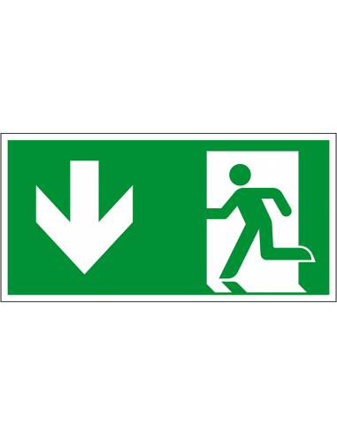 Nooduitgang bord pijl beneden, aluminium, E001, groen wit, symbool nooduitgang, rechthoekig, ISO 7010
