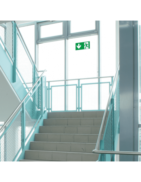 Nooduitgang bord pijl beneden, aluminium, E001, groen wit, symbool nooduitgang, rechthoekig, ISO 7010