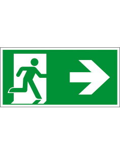 Nooduitgang bord pijl rechts, aluminium, E002, groen wit, symbool nooduitgang, rechthoekig, ISO 7010