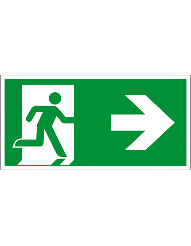 Nooduitgang bord pijl rechts, aluminium, E002, groen wit, symbool nooduitgang, rechthoekig, ISO 7010