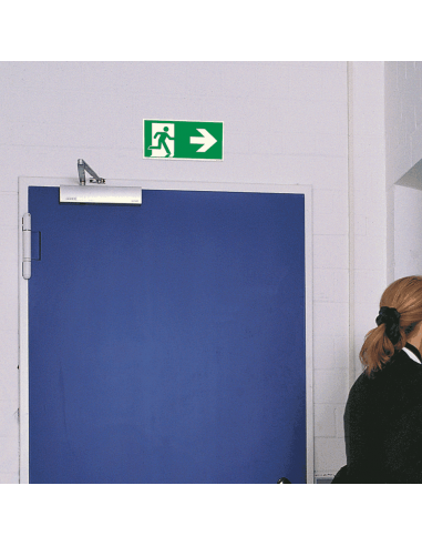 Nooduitgang bord pijl rechts, aluminium, E002, groen wit, symbool nooduitgang, rechthoekig, ISO 7010