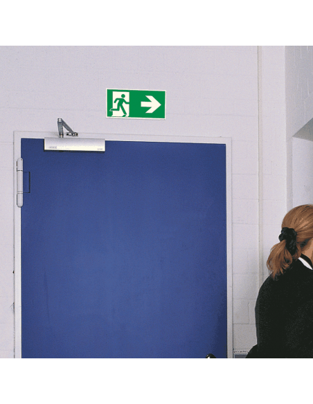 Nooduitgang bord pijl rechts, aluminium, E002, groen wit, symbool nooduitgang, rechthoekig, ISO 7010