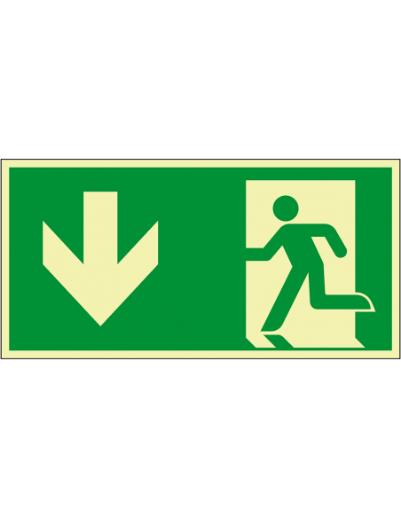 Extra lichtgevend nooduitgang bord pijl beneden - aluminium, groen wit, rechthoekig