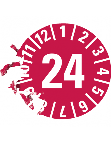 Keuringssticker met jaartal 24 op rol, rood antifraude