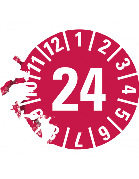 Keuringssticker met jaartal 24 op rol, rood antifraude