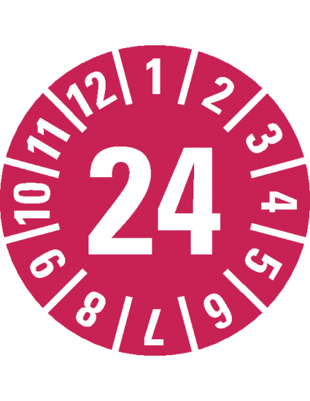 Keuringssticker met jaartal 24 op rol, rood met maandkrans