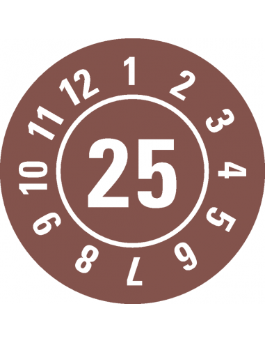 Keuringssticker met jaartal 25 op rol, bruin met maandkrans