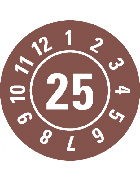 Keuringssticker met jaartal 25 op rol, bruin met maandkrans