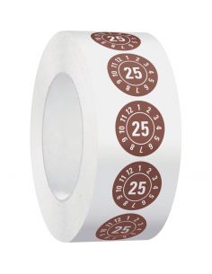 Keuringssticker met jaartal 25 op rol, bruin op rol