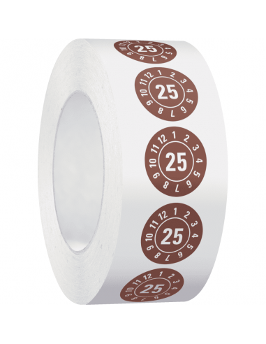 Keuringssticker met jaartal 25 op rol, bruin op rol