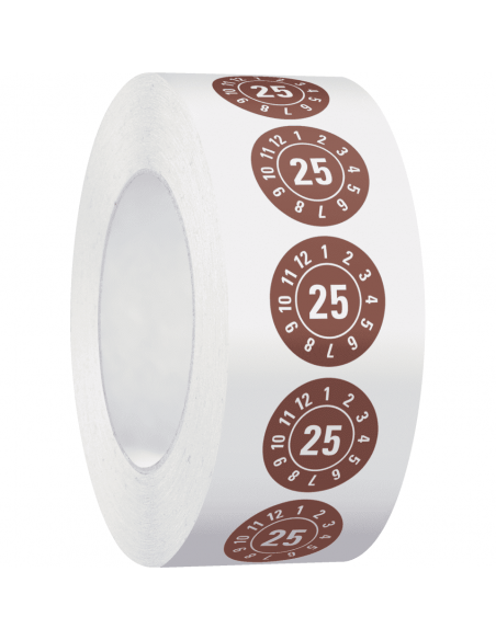 Keuringssticker met jaartal 25 op rol, bruin op rol
