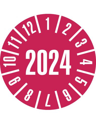 Keuringssticker met jaartal 2024 op rol, rood met maandenkrans