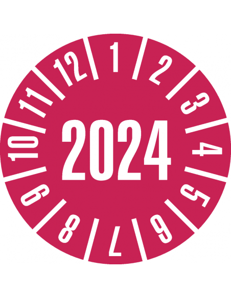 Keuringssticker met jaartal 2024 op rol, rood met maandenkrans