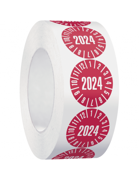 Keuringssticker met jaartal 2024 op rol, rood op rol