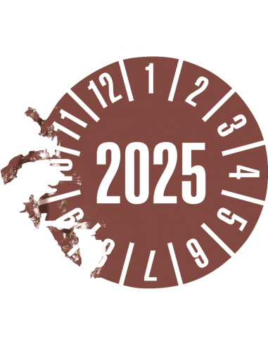Keuringssticker met jaartal 2025 op rol, bruin antifraude