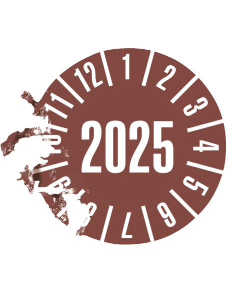 Keuringssticker met jaartal 2025 op rol, bruin antifraude