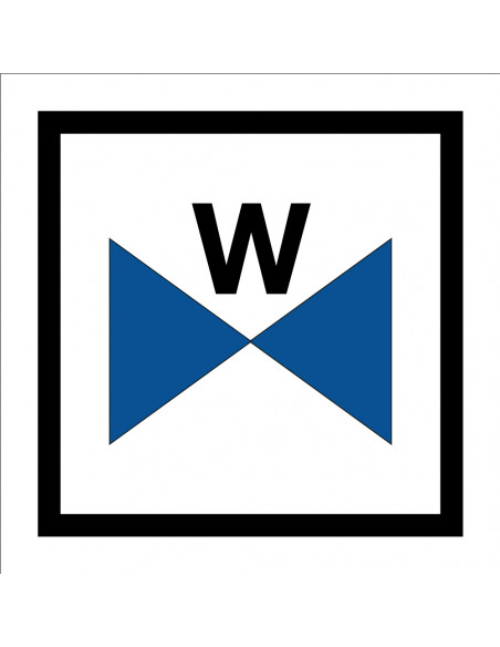 Waterafsluiter bord, blauw wit zwart, vierkant