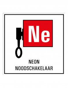 Neon noodschakelaar bord, rood zwart wit, vierkant