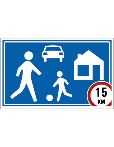 Woonerf 15 km bord, kunststof, blauw wit, rechthoekig, symbool woonerf