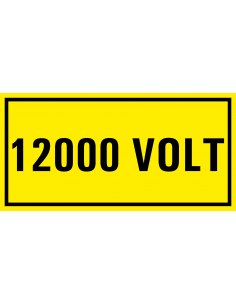 12000 volt sticker, geel zwart, rechthoekig