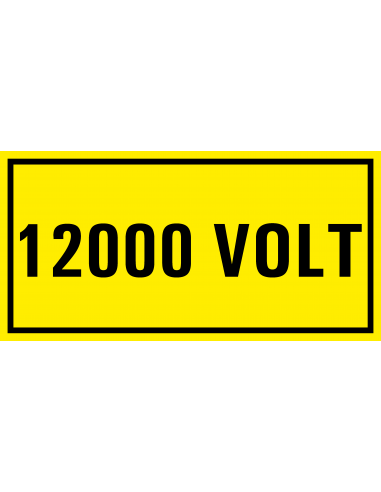 12000 volt sticker, geel zwart, rechthoekig
