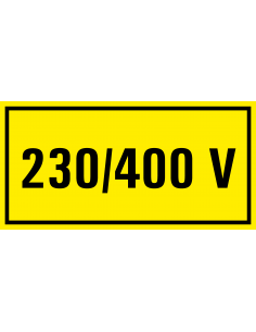 230/400 V sticker, geel zwart, rechthoekig
