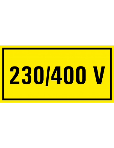 230/400 V sticker, geel zwart, rechthoekig