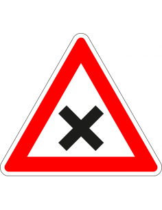 Gevaarlijk kruispunt sticker, J8, rood wit, driehoek, symbool zwart kruis