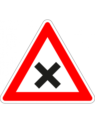 Gevaarlijk kruispunt sticker, J8, rood wit, driehoek, symbool zwart kruis