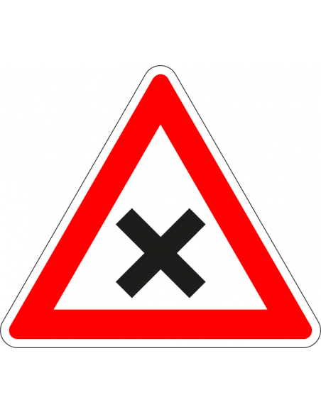 Gevaarlijk kruispunt bord, kunststof, J8, rood wit, driehoek, symbool zwart kruis