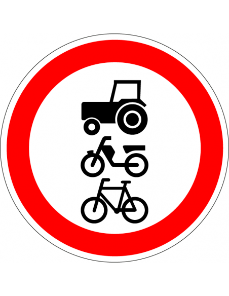 Geslotenverklaring langzaam verkeer bord, kunststof, C9, rood wit, rond, symbool tractor, fiets en bromfiets