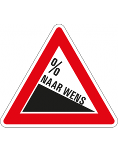 Gevaarlijke daling bord, kunststof, J7, percentage naar wens, rood wit, driehoek, symbool helling