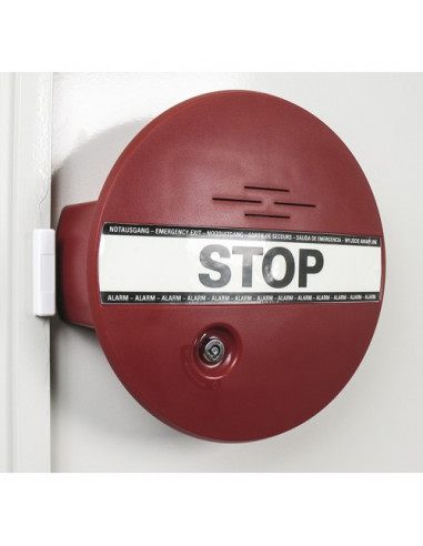 GfS DEXCON raam- en deuralarm, rood bevestigd aan deur