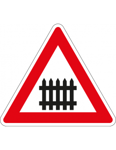 Bewaakte spoorwegovergang sticker, J10, rood wit, driehoek, symbool bewaakte spoorwegovergang