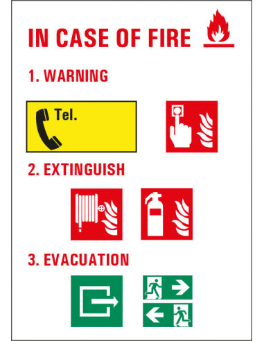 In case of fire sticker, rechthoek, rood wit geel zwart, met Engelse tekst