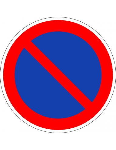 Verboden te parkeren sticker, E1, rood blauw, rond, blauw pictogram met rode streep