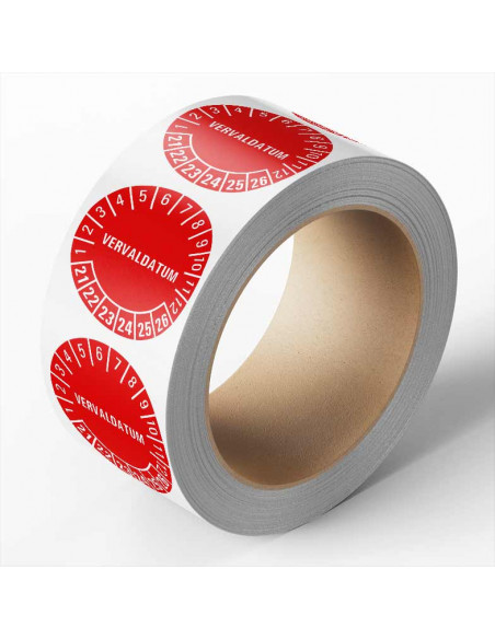 Vervaldatum keuringssticker, rood, 25 meter op rol