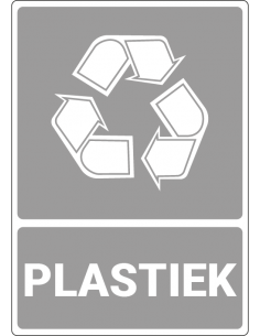 Afvalbord plastiek grijs, kunststof, rechthoek, recycle symbool met tekst plastiek