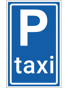 Taxistandplaats sticker, E5, blauw wit, staande rechthoek, met tekst P taxi
