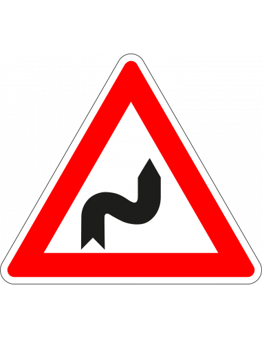 S bocht rechts bord, kunststof, J4, rood wit zwart, driehoek, sticker met pijl en bocht