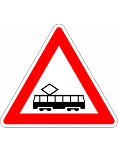 Tram kruising sticker, J14, rood wit zwart, driehoek, sticker met tram