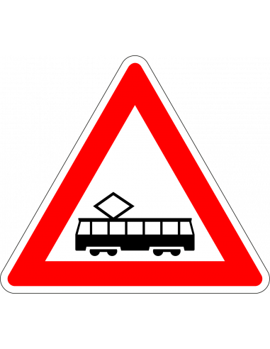 Tram kruising sticker, J14, rood wit zwart, driehoek, sticker met tram
