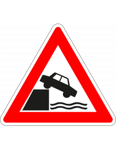 Pas op kade bord, kunststof, J26, rood wit, driehoek, bord met auto richting water